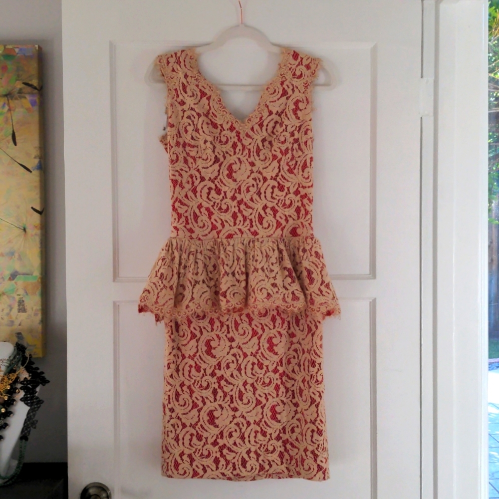 Tadashi Shoji Red and Cream Lace Peplum Sheath Dress